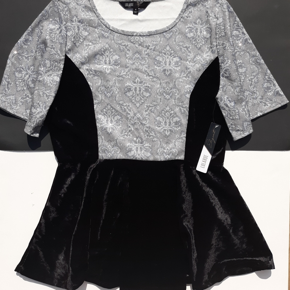 LuLaRoe Emma Black Velvet Silver Sparkle Top M L